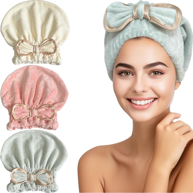 Jseng Microfiber Hair Towel Caps for Wet Hair with Cute Bowtie, 3Packs Fast Drying Hair Towel Caps for Long Curly Hair Women - Image 1